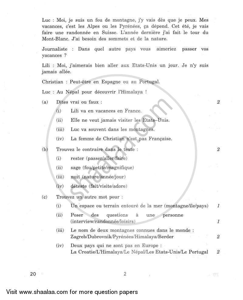 French 2011-2012 Class 10 - CBSE (Central Board of Secondary Education) question paper with PDF download