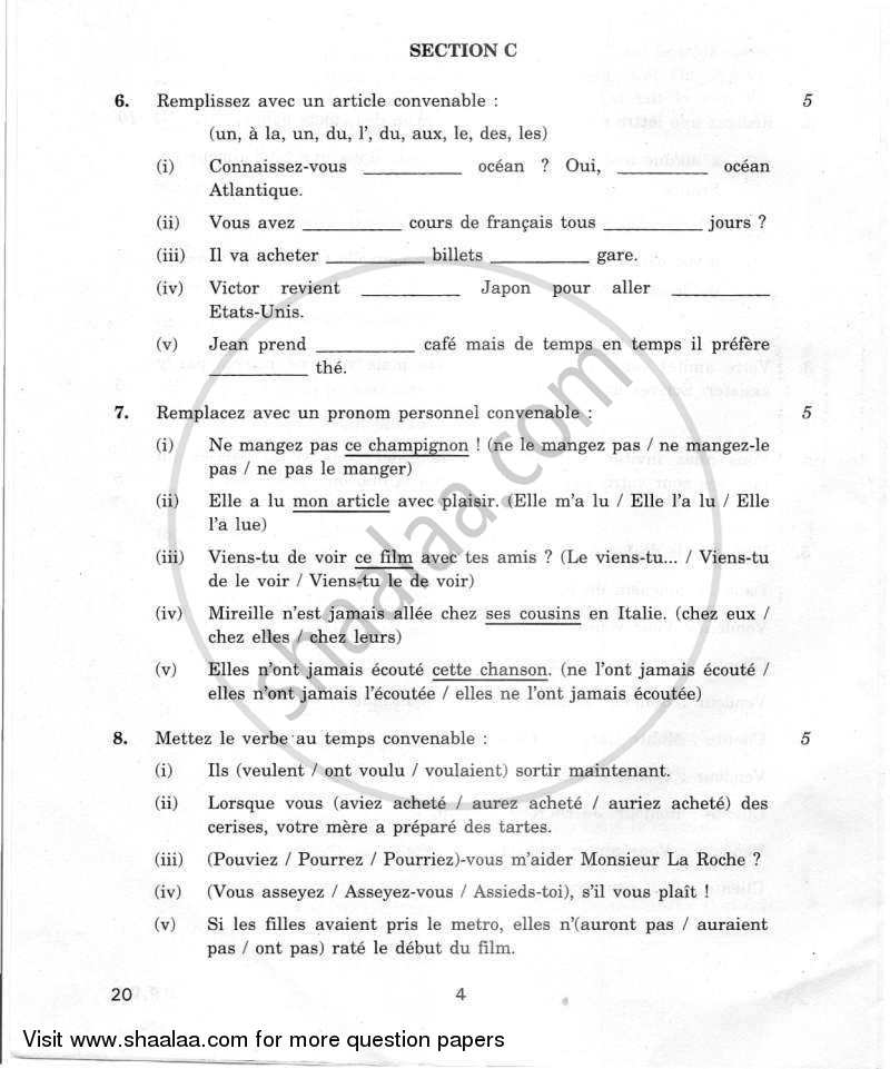 French 2011-2012 Class 10 - CBSE (Central Board of Secondary Education) question paper with PDF download