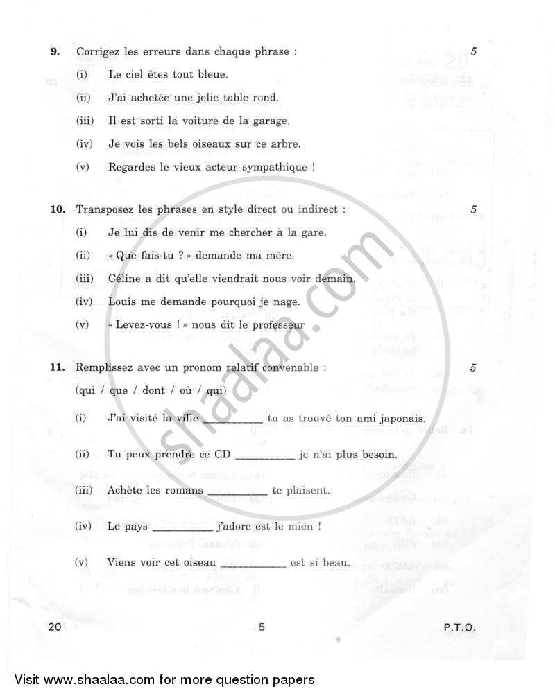 French 2011-2012 Class 10 - CBSE (Central Board of Secondary Education) question paper with PDF download
