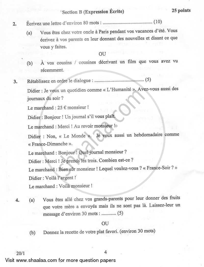 French 2012-2013 Class 10 - CBSE (Central Board of Secondary Education) question paper with PDF download