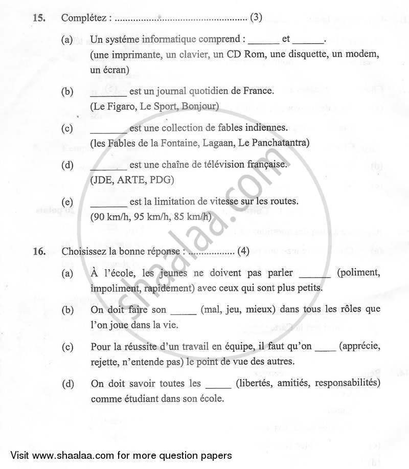 French 2012-2013 Class 10 - CBSE (Central Board of Secondary Education) question paper with PDF download
