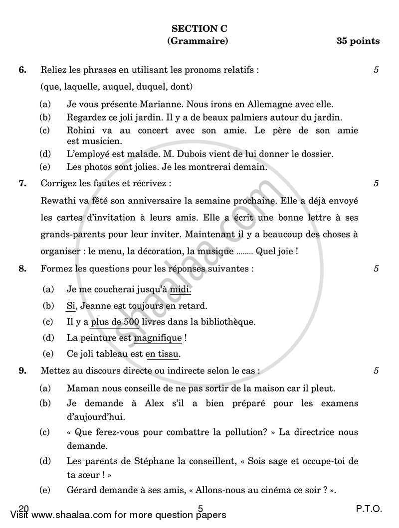 French 2013-2014 Class 10 - CBSE (Central Board of Secondary Education) question paper with PDF download