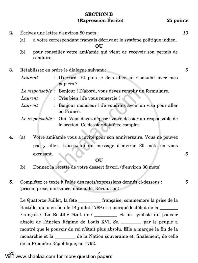 French 2013-2014 Class 10 - CBSE (Central Board of Secondary Education) question paper with PDF download
