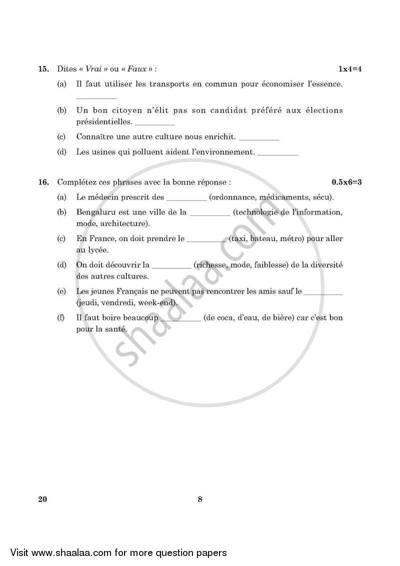 French 2015-2016 Class 10 - CBSE (Central Board of Secondary Education) question paper with PDF download