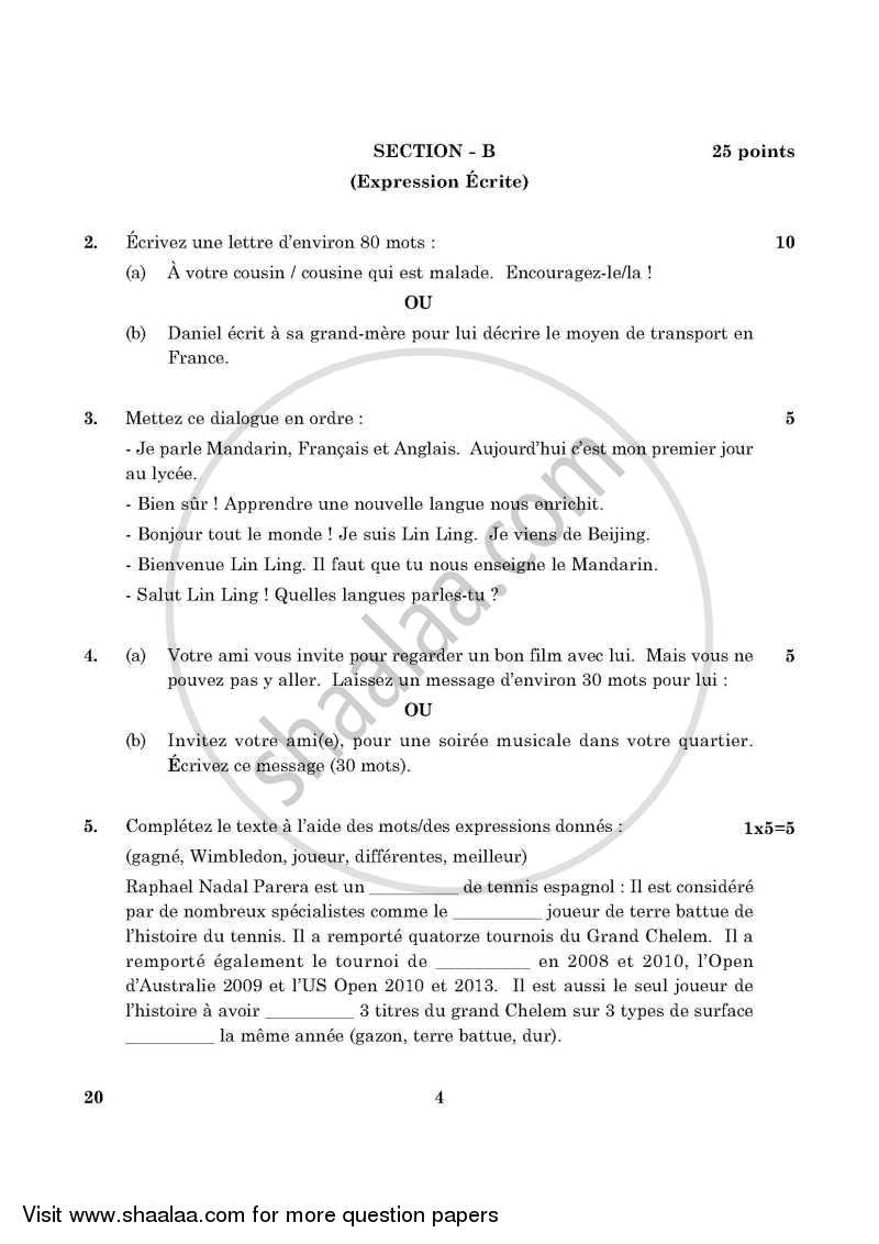 French 2015-2016 Class 10 - CBSE (Central Board of Secondary Education) question paper with PDF download