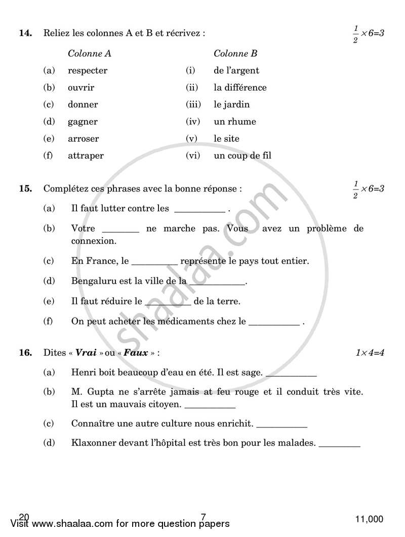 French 2016-2017 Class 10 - CBSE (Central Board of Secondary Education) question paper with PDF download
