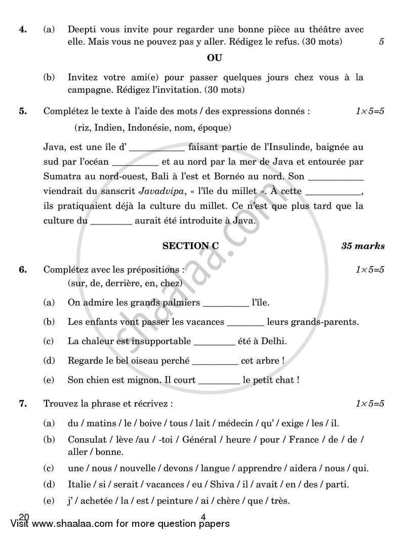 French 2016-2017 Class 10 - CBSE (Central Board of Secondary Education) question paper with PDF download