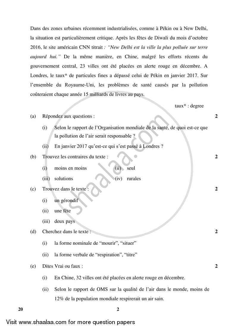 French 2017-2018 Class 10 - CBSE (Central Board of Secondary Education) question paper with PDF download