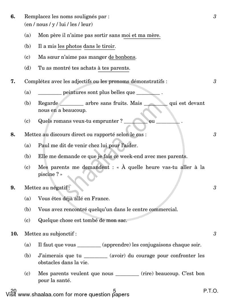 French 2018-2019 Class 10 - CBSE (Central Board of Secondary Education) question paper with PDF download