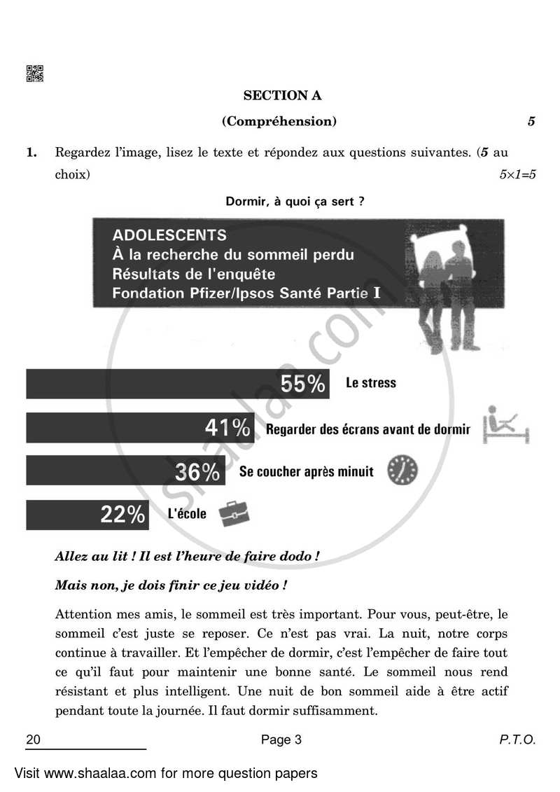 French 2021-2022 Class 10 - CBSE (Central Board of Secondary Education) question paper with PDF download