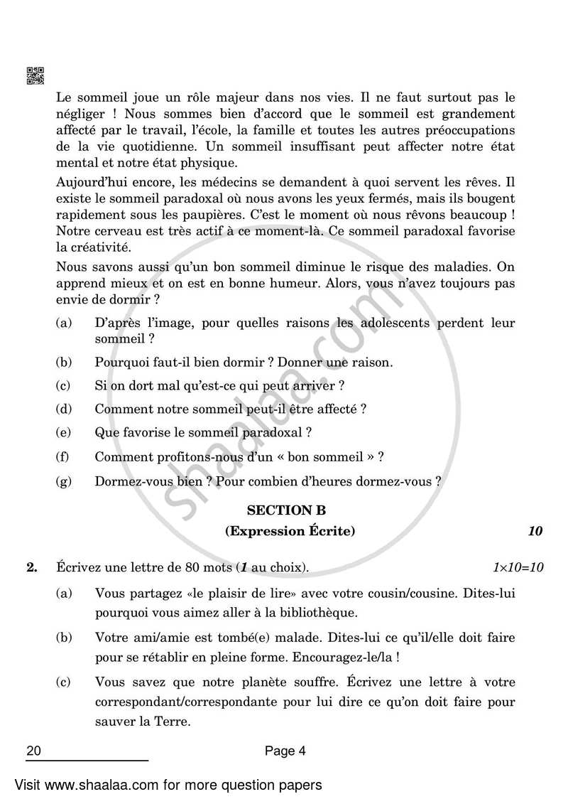 French 2021-2022 Class 10 - CBSE (Central Board of Secondary Education) question paper with PDF download