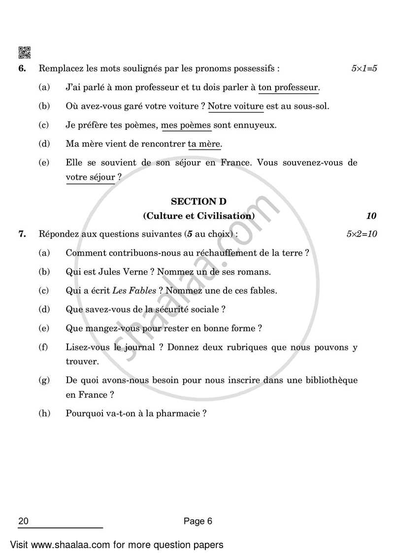 French 2021-2022 Class 10 - CBSE (Central Board of Secondary Education) question paper with PDF download