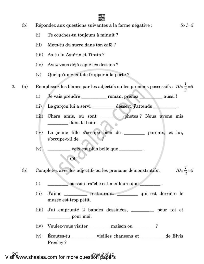 French 2022-2023 Class 10 - CBSE (Central Board of Secondary Education) question paper with PDF download
