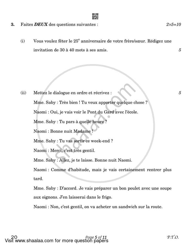 French 2022-2023 Class 10 - CBSE (Central Board of Secondary Education) question paper with PDF download