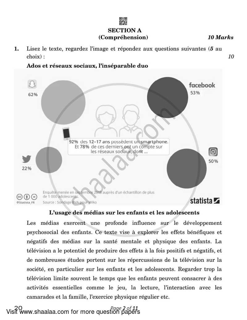 French 2022-2023 Class 10 - CBSE (Central Board of Secondary Education) question paper with PDF download