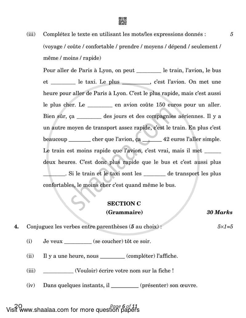 French 2022-2023 Class 10 - CBSE (Central Board of Secondary Education) question paper with PDF download