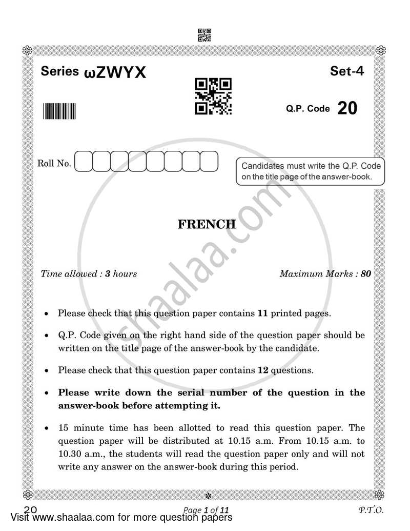 French 2022-2023 Class 10 - CBSE (Central Board of Secondary Education) question paper with PDF download
