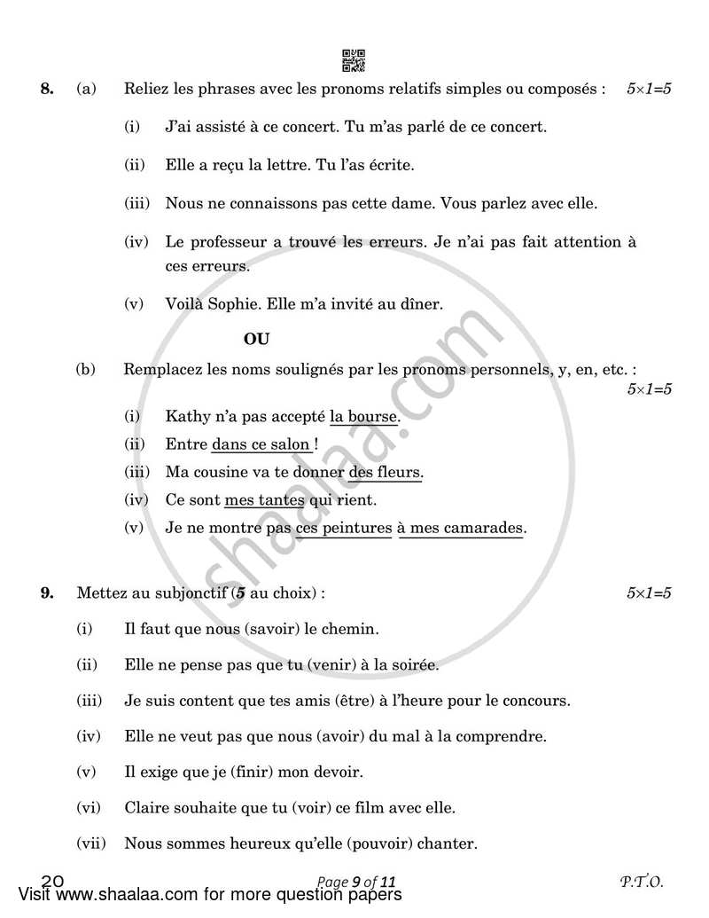 French 2022-2023 Class 10 - CBSE (Central Board of Secondary Education) question paper with PDF download
