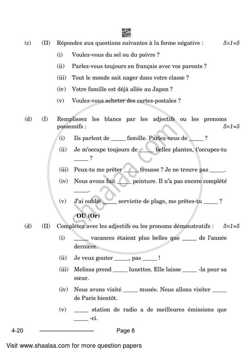 French 2023-2024 Class 10 - CBSE (Central Board of Secondary Education) question paper with PDF download