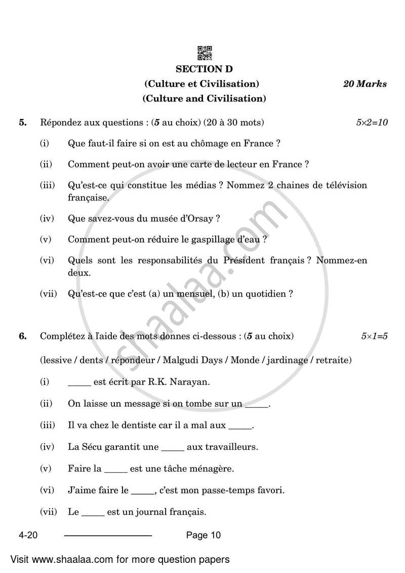 French 2023-2024 Class 10 - CBSE (Central Board of Secondary Education) question paper with PDF download