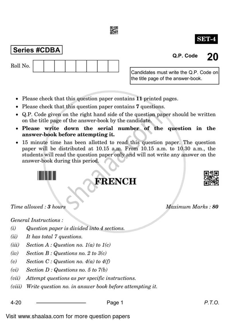 French 2023-2024 Class 10 - CBSE (Central Board of Secondary Education) question paper with PDF download