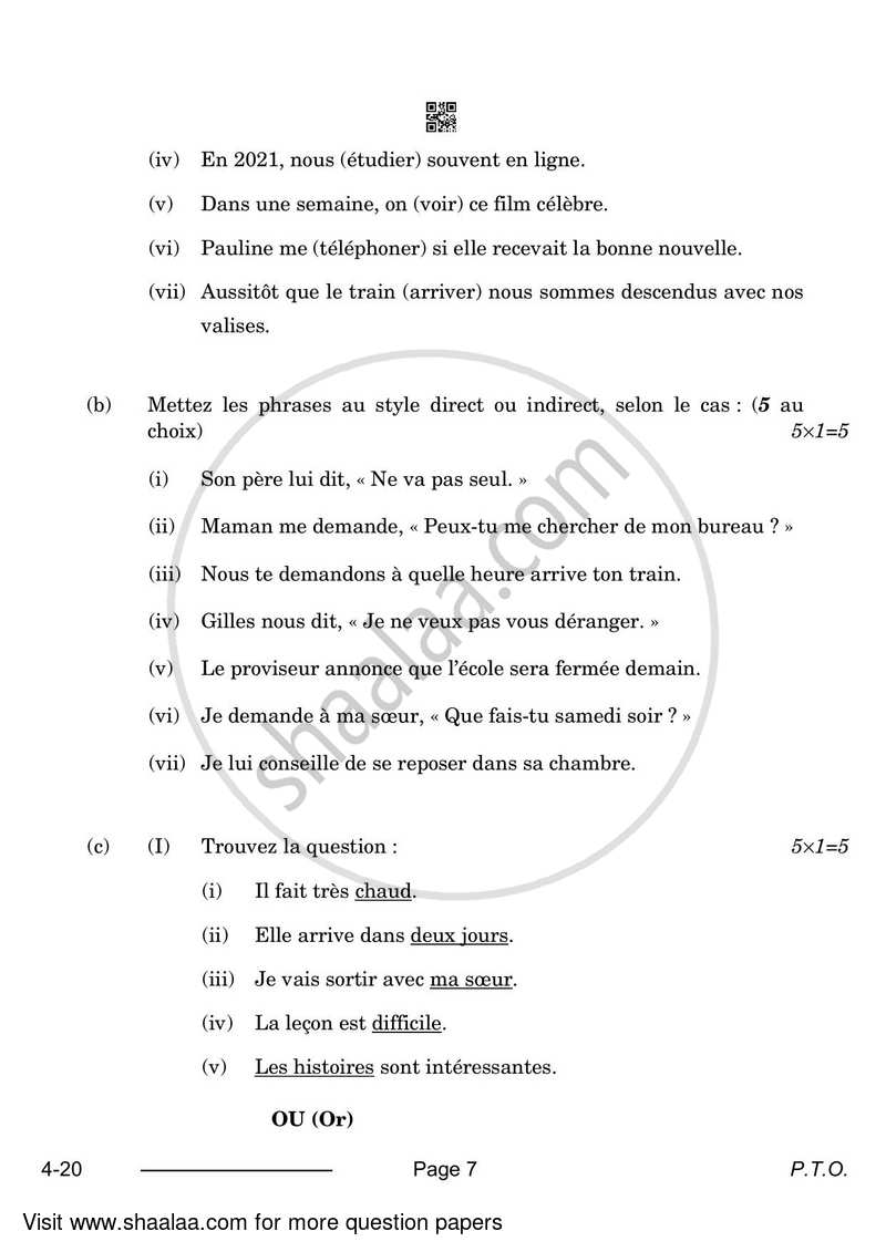 French 2023-2024 Class 10 - CBSE (Central Board of Secondary Education) question paper with PDF download