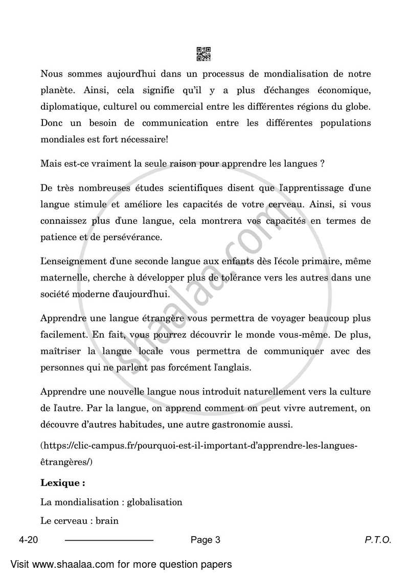 French 2023-2024 Class 10 - CBSE (Central Board of Secondary Education) question paper with PDF download