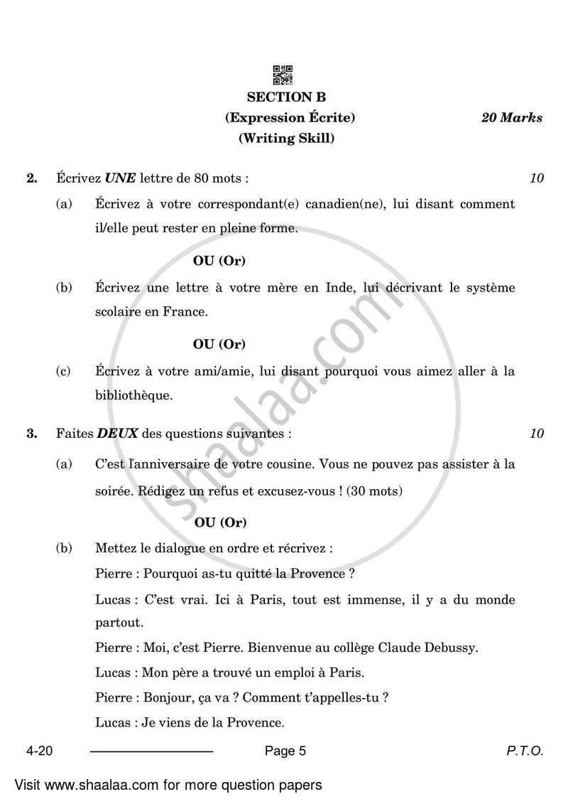 French 2023-2024 Class 10 - CBSE (Central Board of Secondary Education) question paper with PDF download