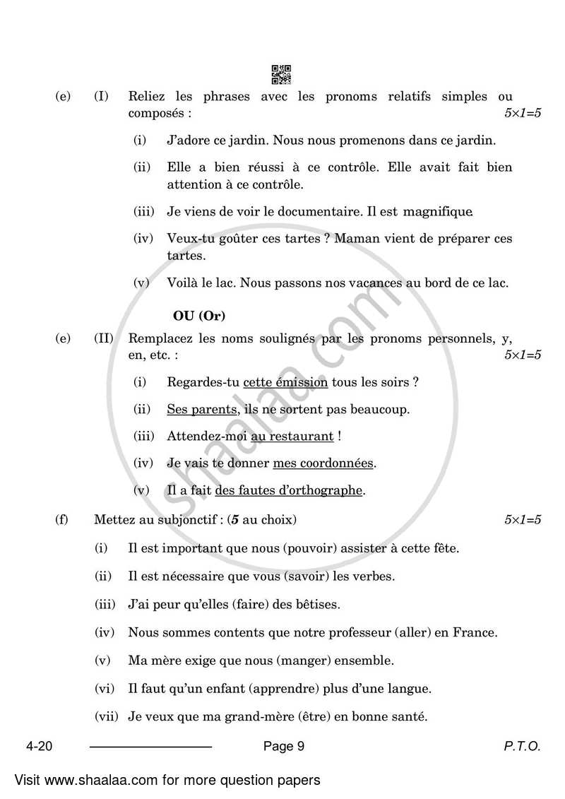 French 2023-2024 Class 10 - CBSE (Central Board of Secondary Education) question paper with PDF download