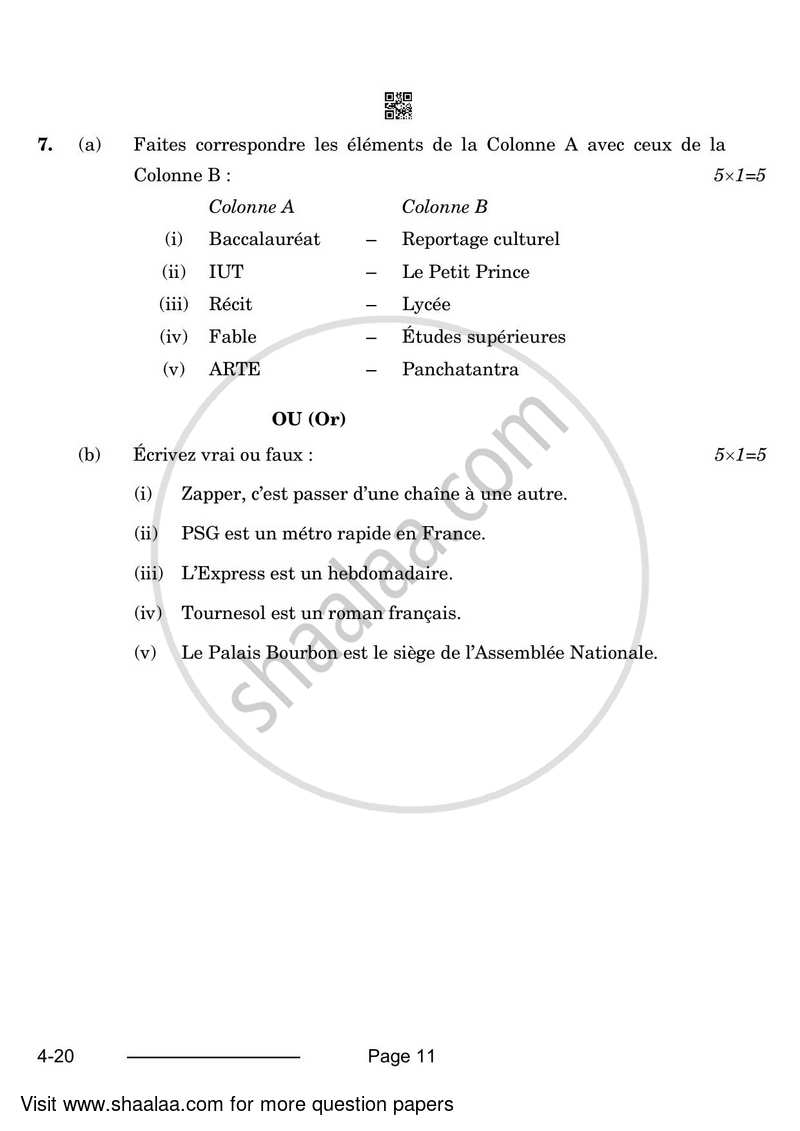 French 2023-2024 Class 10 - CBSE (Central Board of Secondary Education) question paper with PDF download