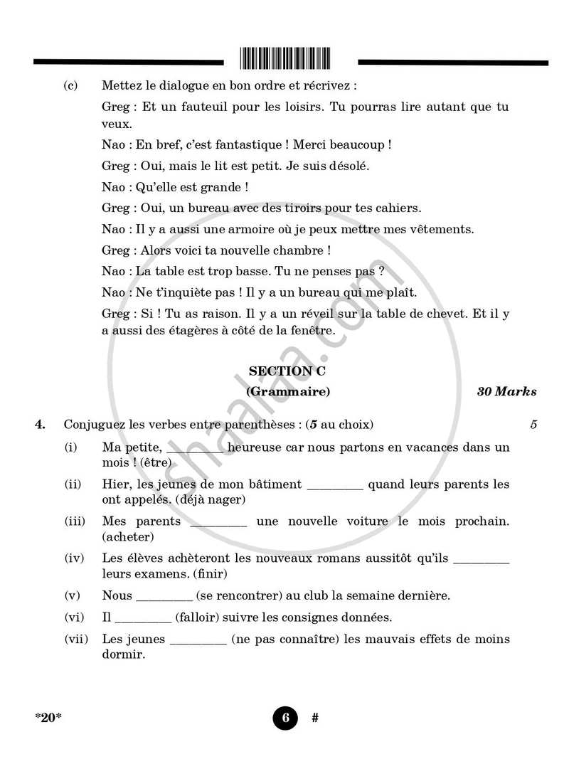 French 2024-2025 Class 10 - CBSE (Central Board of Secondary Education) question paper with PDF download
