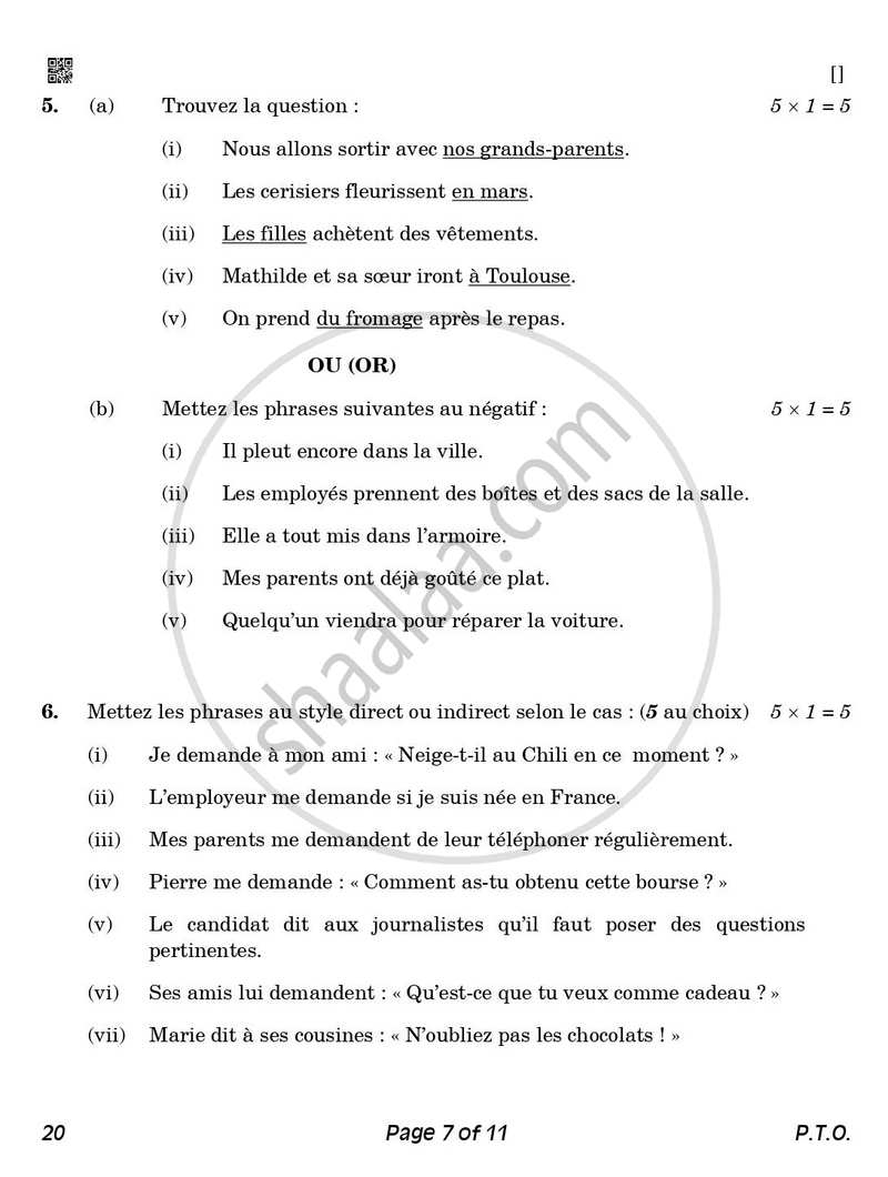 French 2025-2026 Class 10 - CBSE (Central Board of Secondary Education) question paper with PDF download