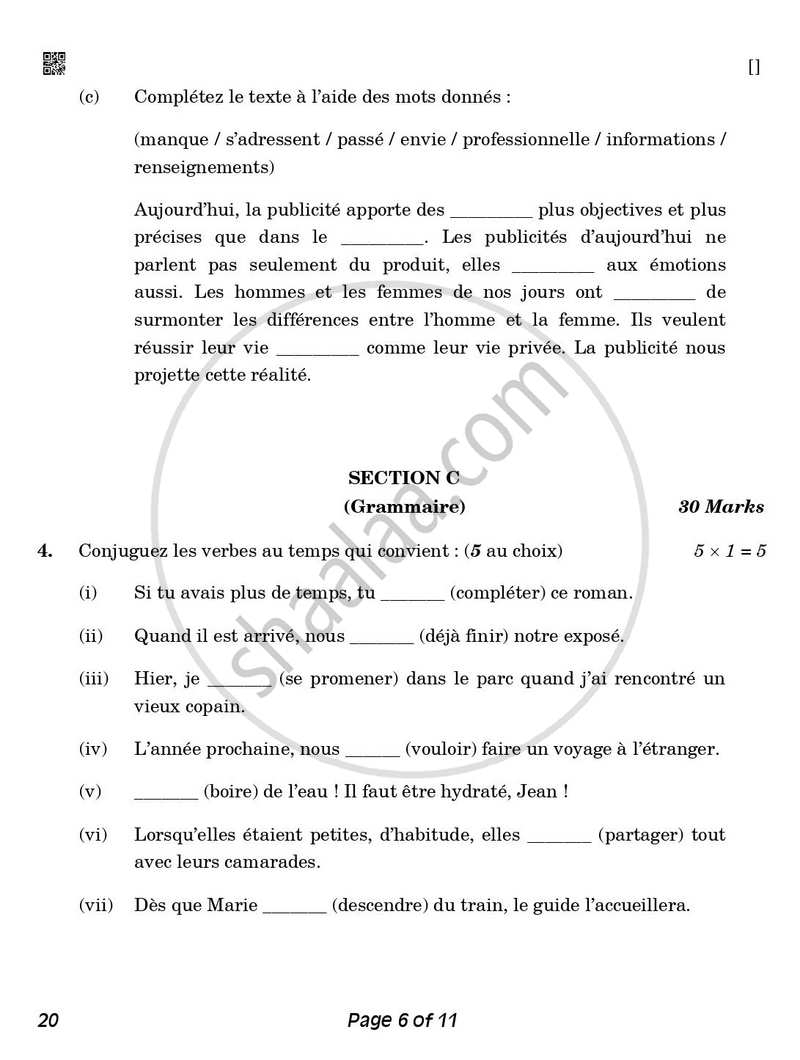 French 2025-2026 Class 10 - CBSE (Central Board of Secondary Education) question paper with PDF download