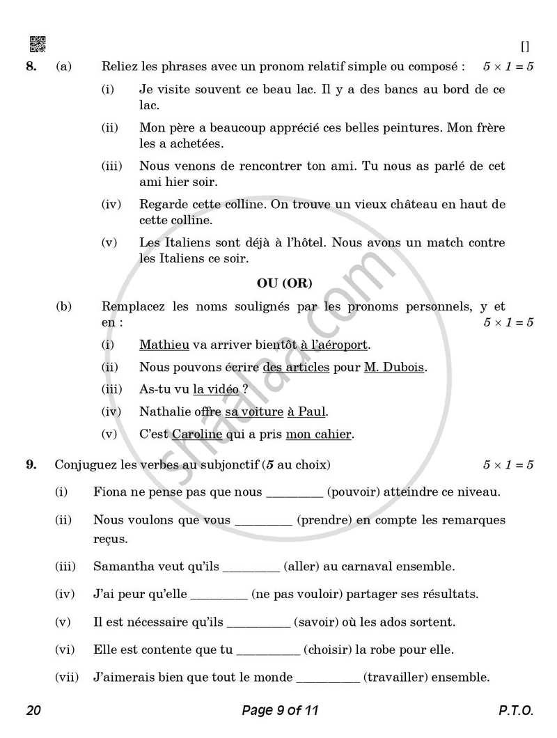 French 2025-2026 Class 10 - CBSE (Central Board of Secondary Education) question paper with PDF download