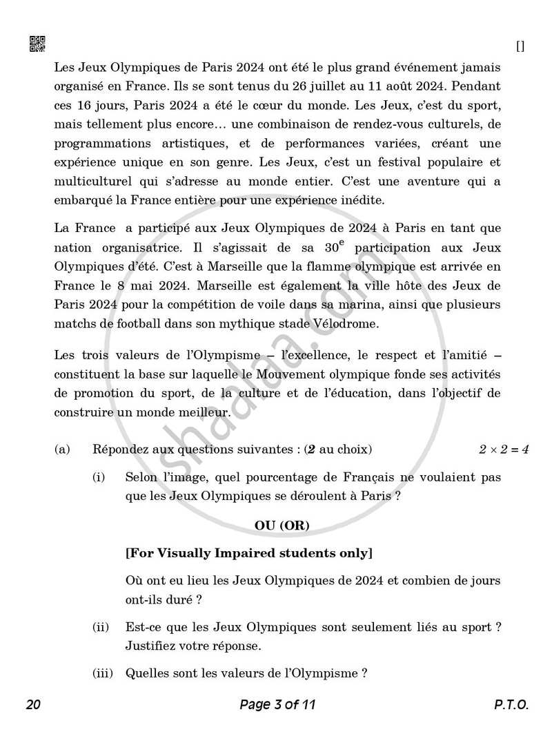 French 2025-2026 Class 10 - CBSE (Central Board of Secondary Education) question paper with PDF download