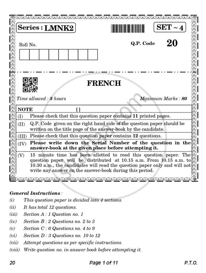French 2025-2026 Class 10 - CBSE (Central Board of Secondary Education) question paper with PDF download