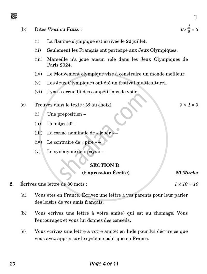 French 2025-2026 Class 10 - CBSE (Central Board of Secondary Education) question paper with PDF download