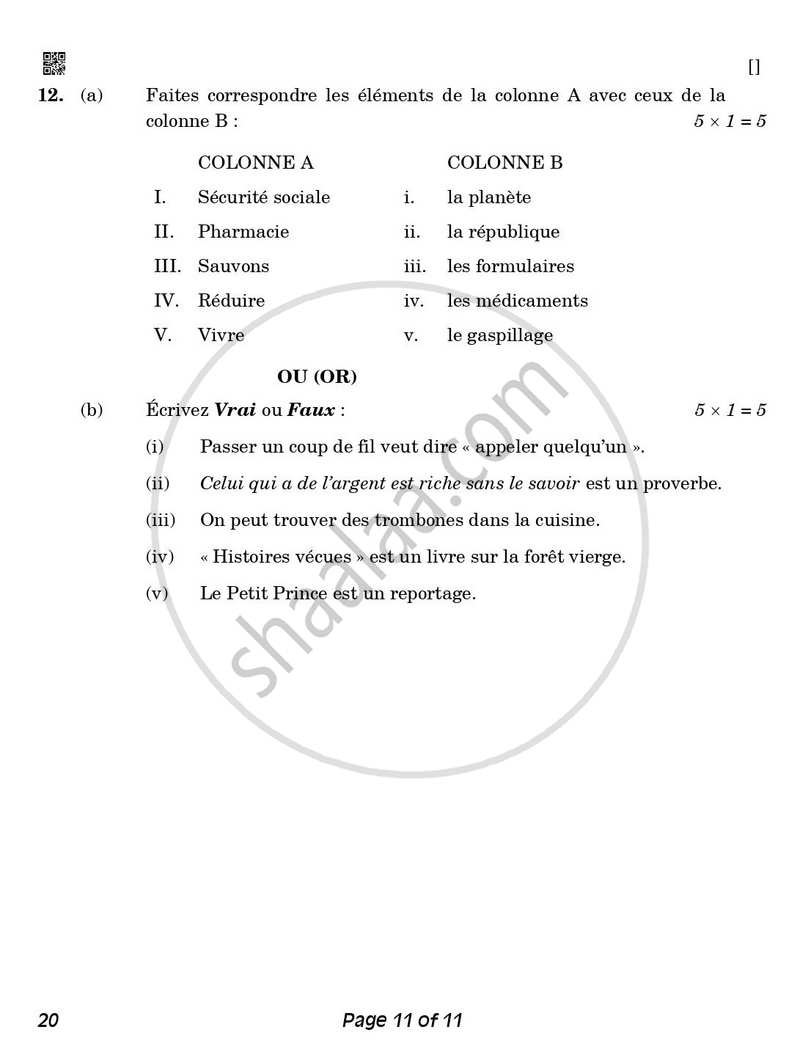 French 2025-2026 Class 10 - CBSE (Central Board of Secondary Education) question paper with PDF download