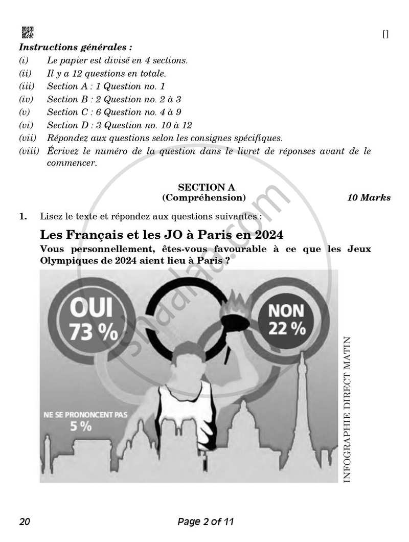 French 2025-2026 Class 10 - CBSE (Central Board of Secondary Education) question paper with PDF download