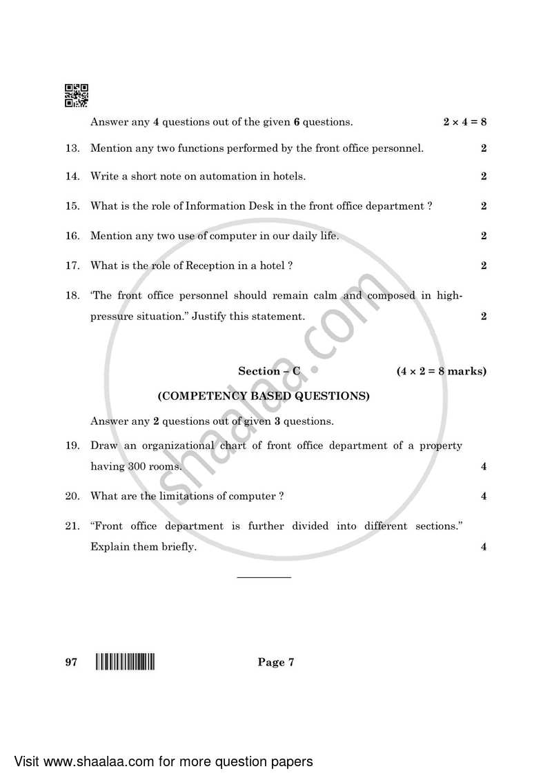 Front Office Operation 2021-2022 Class 10 - CBSE (Central Board of Secondary Education) question paper with PDF download