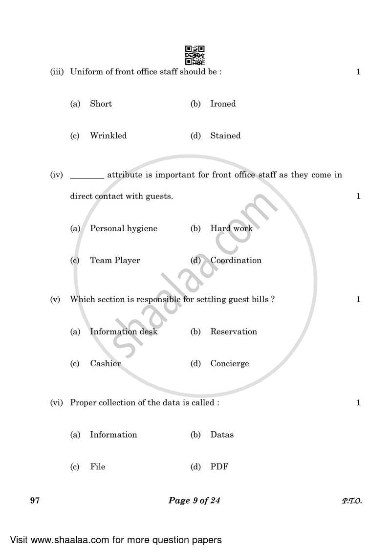 Front Office Operation 2022-2023 Class 10 - CBSE (Central Board of Secondary Education) question paper with PDF download