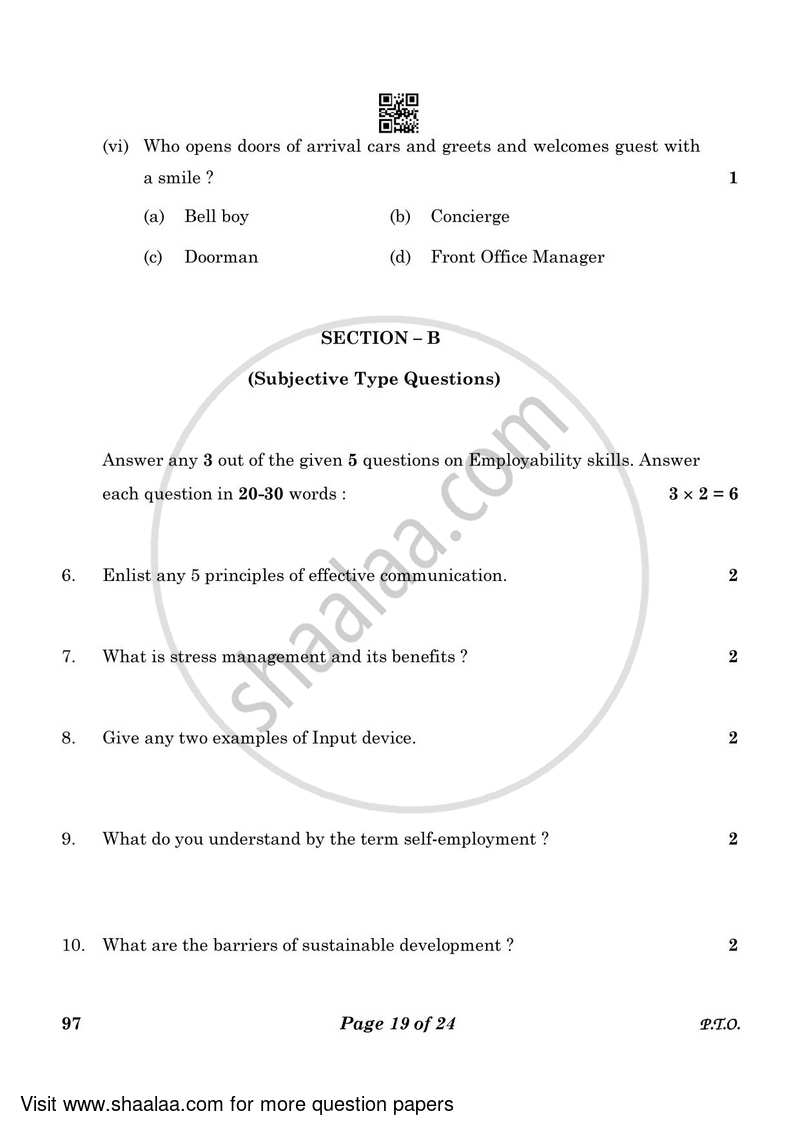 Front Office Operation 2022-2023 Class 10 - CBSE (Central Board of Secondary Education) question paper with PDF download