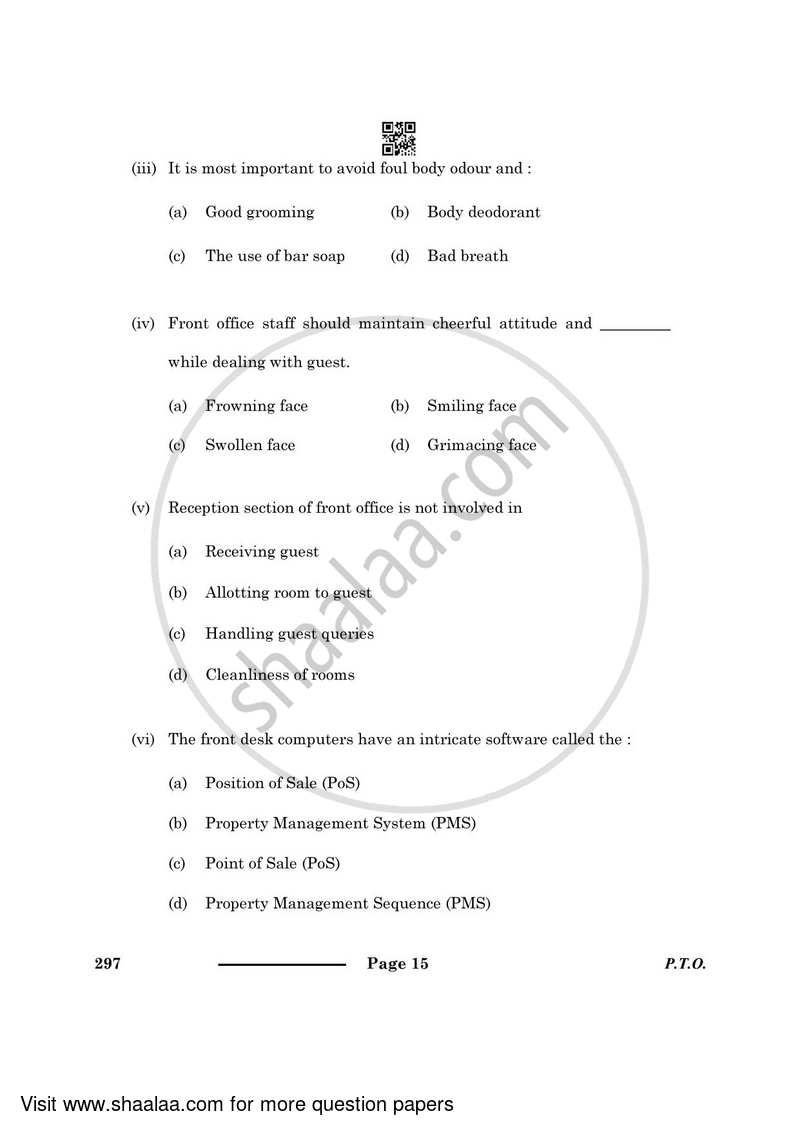 Front Office Operation 2023-2024 Class 10 - CBSE (Central Board of Secondary Education) question paper with PDF download