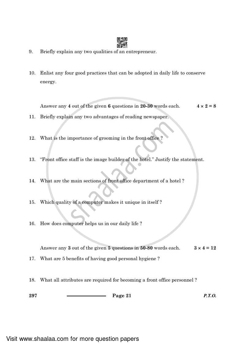 Front Office Operation 2023-2024 Class 10 - CBSE (Central Board of Secondary Education) question paper with PDF download