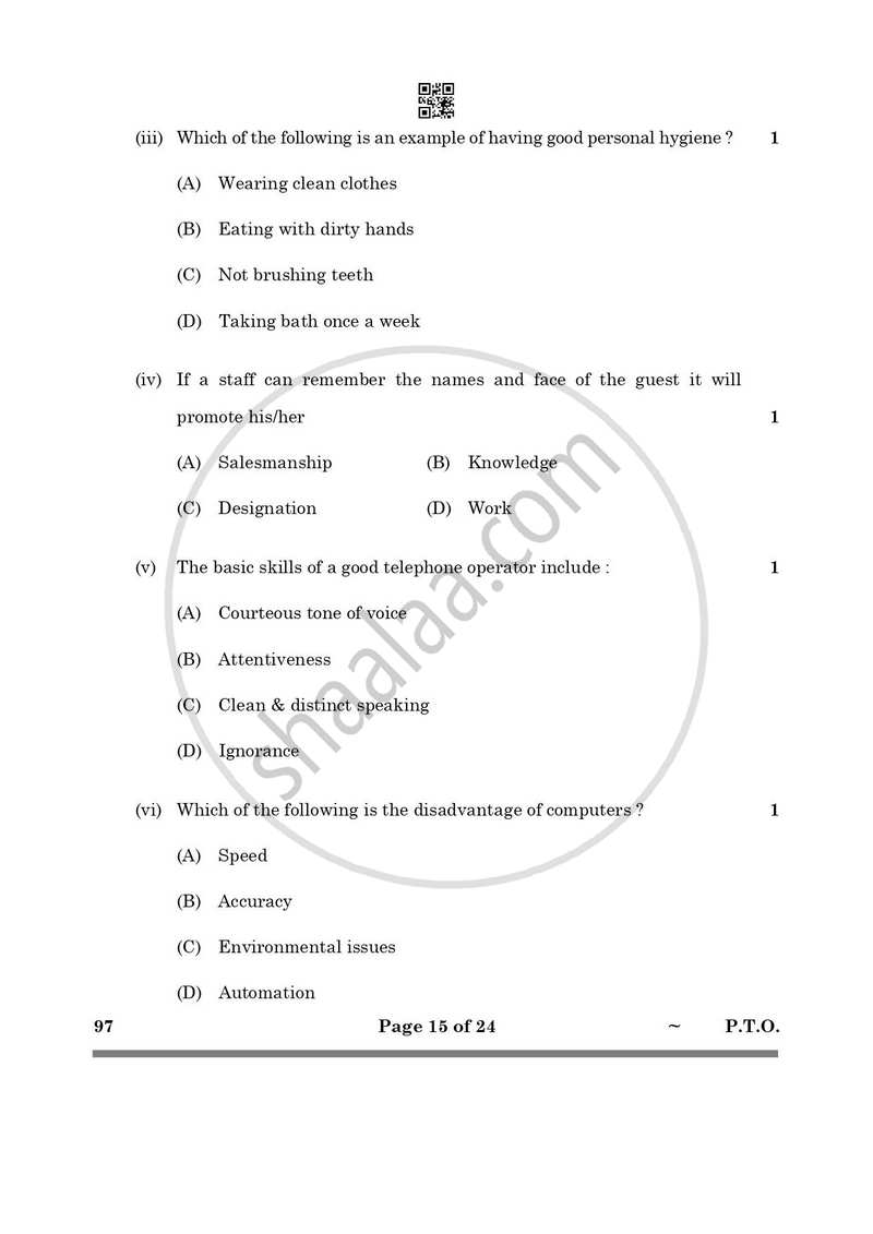 Front Office Operation 2024-2025 Class 10 - CBSE (Central Board of Secondary Education) question paper with PDF download