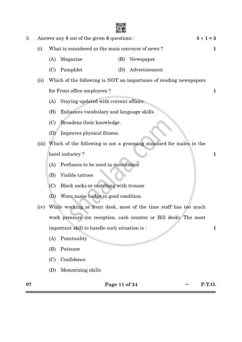 Front Office Operation 2024-2025 Class 10 - CBSE (Central Board of Secondary Education) question paper with PDF download