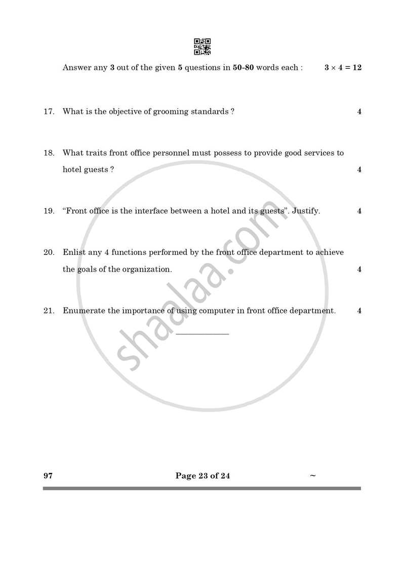 Front Office Operation 2024-2025 Class 10 - CBSE (Central Board of Secondary Education) question paper with PDF download