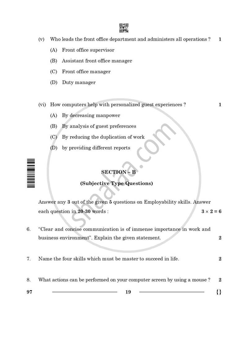 Front Office Operation 2025-2026 Class 10 - CBSE (Central Board of Secondary Education) question paper with PDF download