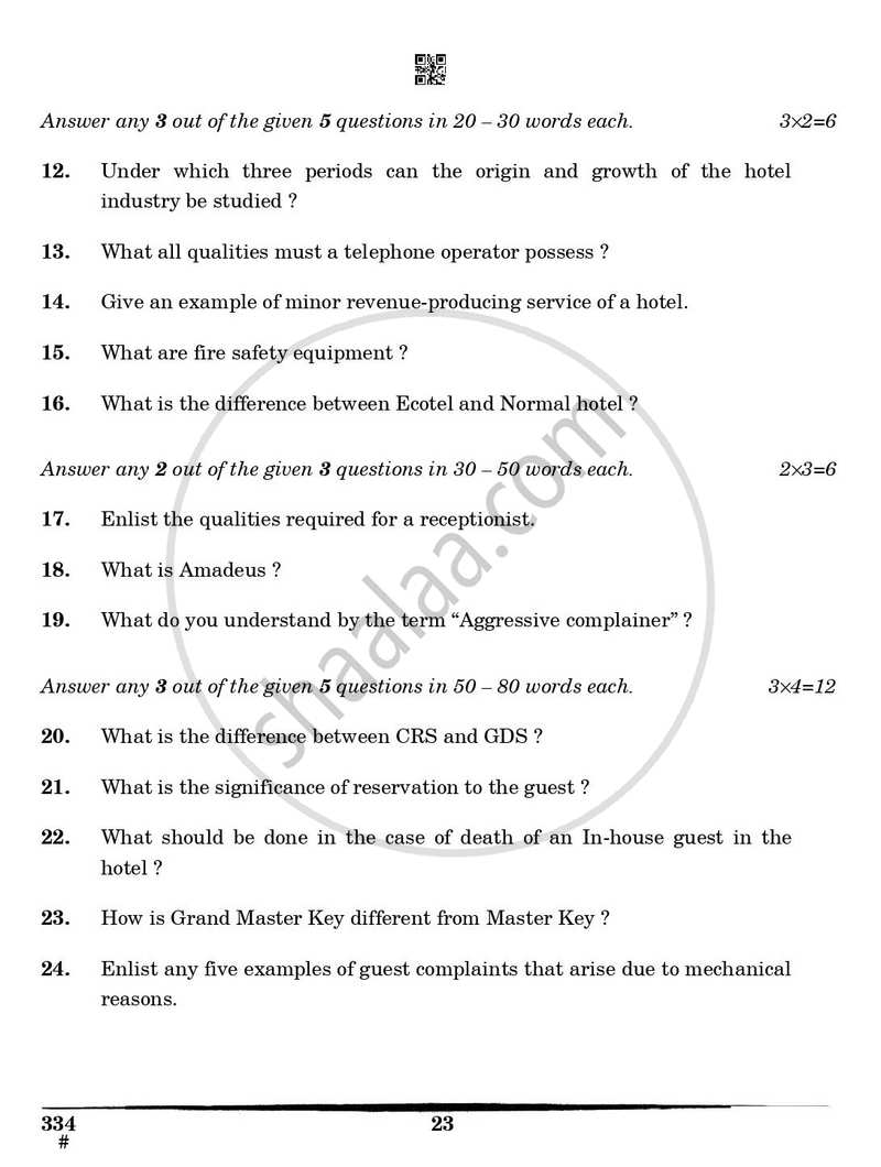 Front Office Operations 2024-2025 Class 12 - CBSE (Central Board of Secondary Education) question paper with PDF download