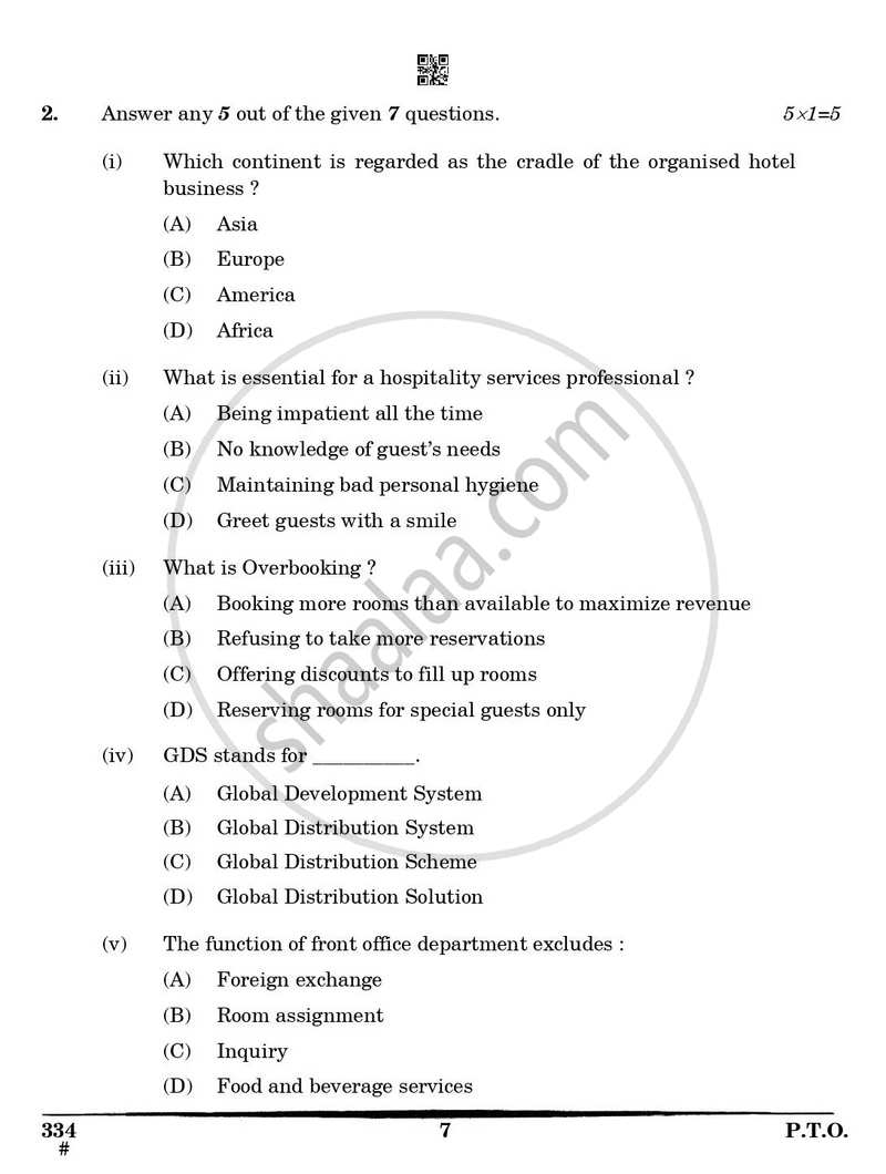 Front Office Operations 2024-2025 Class 12 - CBSE (Central Board of Secondary Education) question paper with PDF download